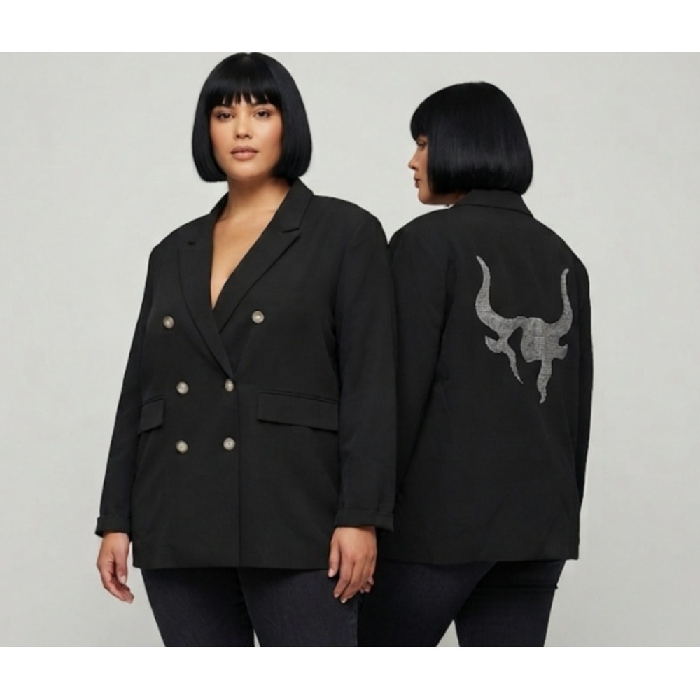 SOMETHINGNEW Sneva Hot Fix Blazer Black Rhinestone Bull Skull Double Breasted 10